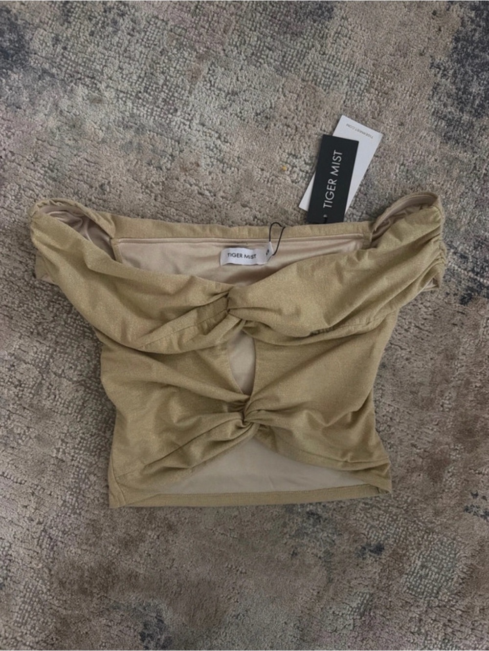 Tiger Mist Gold Twist-Front Off-Shoulder Crop Cami